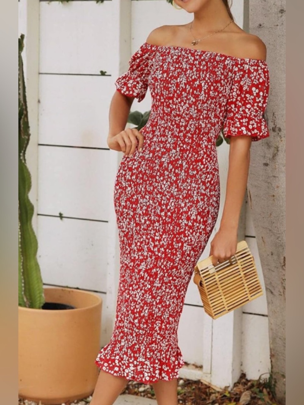 Off-Shoulder Shirred Bodycon  Red Floral Midi Dress  NWOT O/S